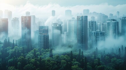 A city skyline is shown with foggy weather