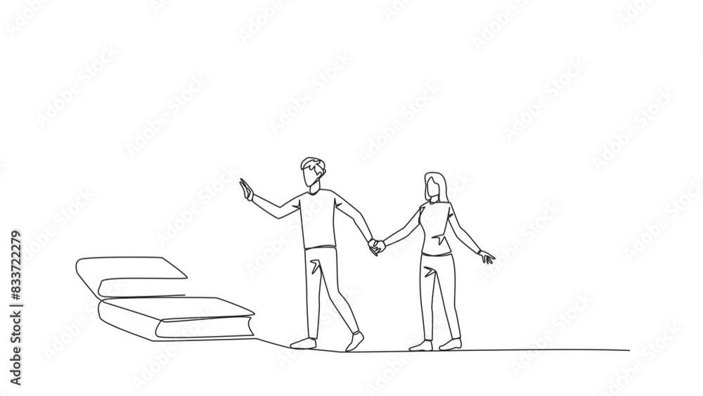 Poster animation of one line drawing man woman climb the stairs from book stack. towards the wide open door