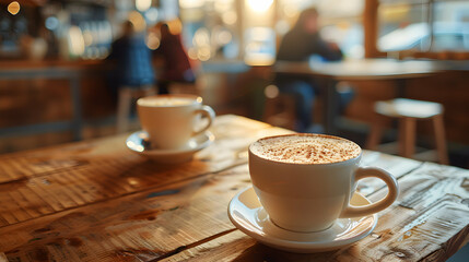 Photo realistic Friends reuniting at a coffee shop, capturing the warmth and connection of catching up over coffee. Perfect for social and lifestyle ads. Photo Stock Concept