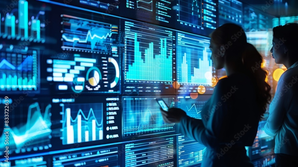 Poster two women are looking at a computer screen with many graphs and numbers