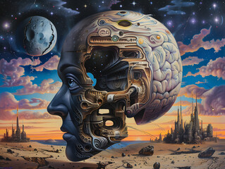 fermi Paradox surrealism landscape with an alien spaceship