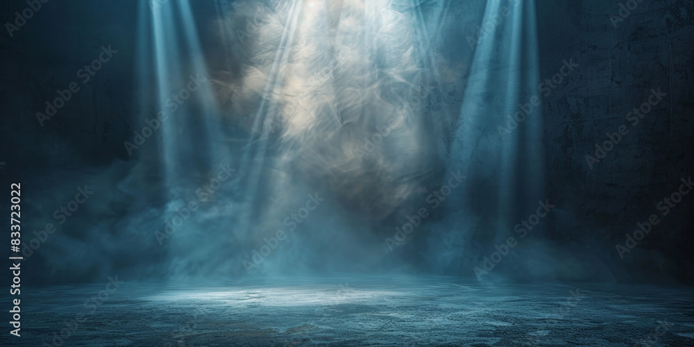 Poster ethereal rays of light piercing through a dark, misty environment creating a mystical and serene atm
