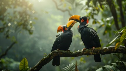 Obraz premium Two hornbills sitting close together in the canopy of a thick forest
