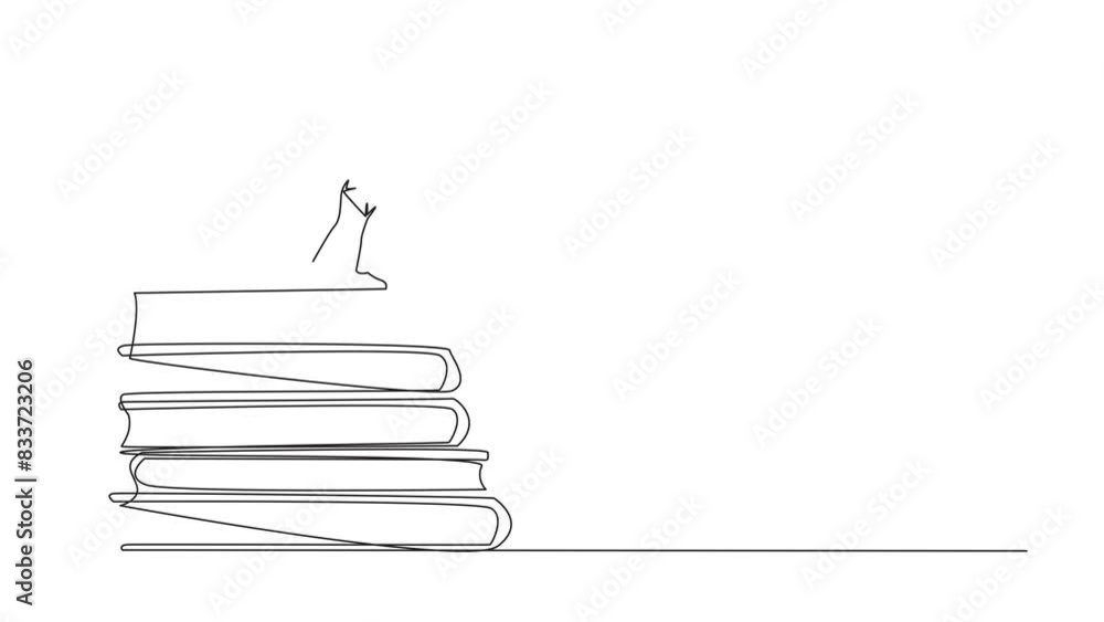 Poster animated self drawing of continuous line drawing man helps woman climb a pile of books. the concept 