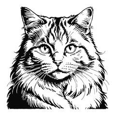 Fototapeta premium Siberian Cat Hand Drawn Engraved Ink Line Art Sketch Illustration