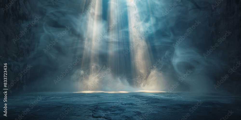 Aufkleber ethereal rays of light piercing through a dark, misty environment creating a mystical and serene atm