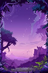 Concept art for a fantasy RPG card game featuring a mythical land bathed in an ominous purple light. A decorative frame borders the cartoon-style illustration.