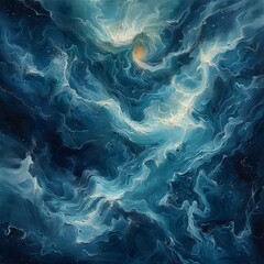 Depths of the Sea - Abstract Oil Painting with Swirls of Blues and Greens, Zeus's Presence Revealed
