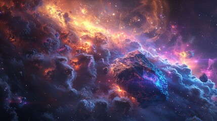 Abstract Cosmic Landscapes, Imaginary landscapes set in space with surreal elements like floating rocks and colorful gases