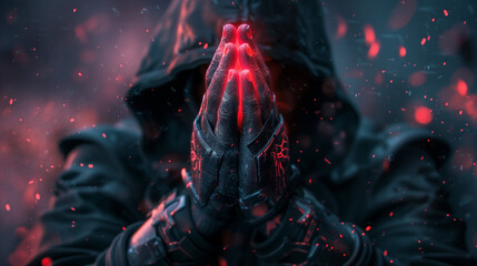Hooded figure with glowing hands in a dark, mystical atmosphere