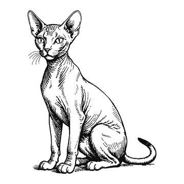 recommend clip art: Hairless Sphynx Cat Hand Drawn Engraved Ink Line Art Sketch Illustration