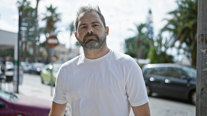 Mature hispanic man with grey hair stands confidently outdoors in an urban street setting, portraying a handsome, middle-aged persona. © Krakenimages.com