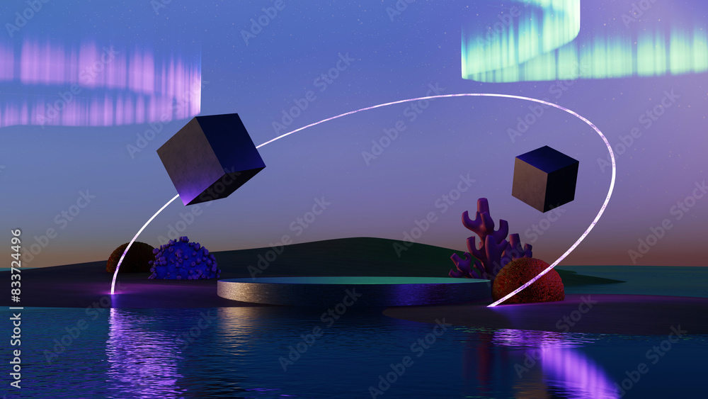 Wall mural 3d render, surreal landscape podium on dune with glowing neon circle and cube flying in the air over