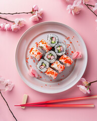 Aesthetic flat lay sushi plate with chopsticks over pink background with sakura branches as decor