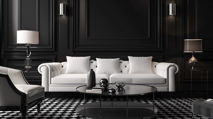 An elegant living room design with black and white tones, featuring a plush white sofa set against a backdrop of black accent walls. The room is adorned with sleek, modern furniture and geometric