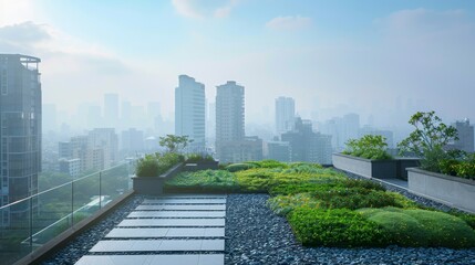 Fototapeta premium Rooftop view of a city with visible air pollution, contrasting with a green rooftop garden