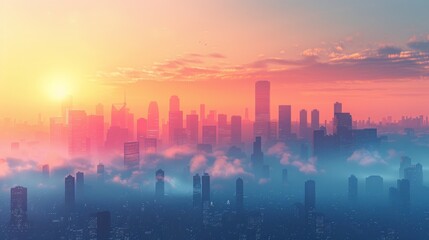 Fototapeta premium Modern city skyline with smog and air pollution, emphasizing environmental issues