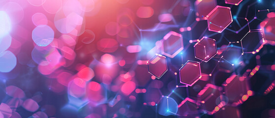 Abstract glowing pink and purple hexagons with bokeh background