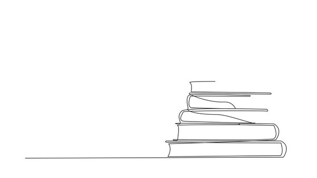 Self drawing animation of one line drawing happy man sitting on a pile of books reading a book. High interest in reading. Opening horizons of thinking. Book festival concept. Full length animated