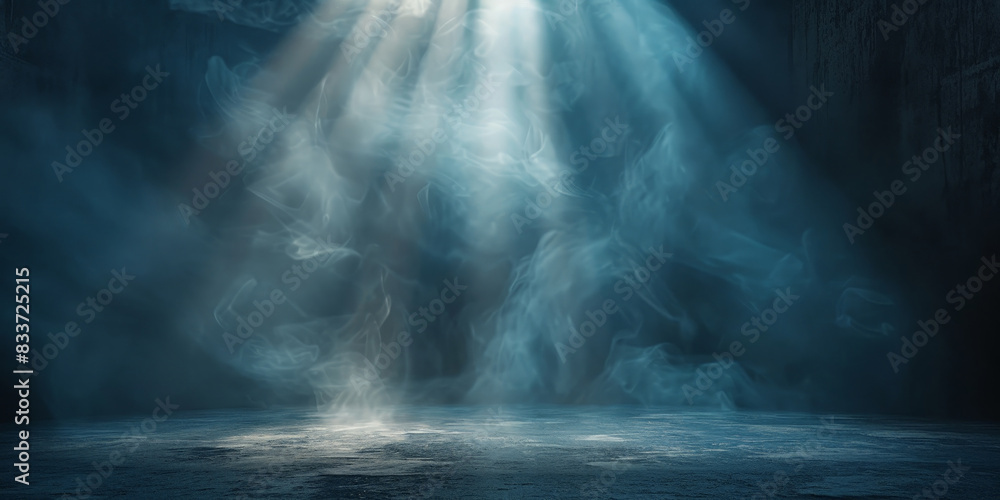 Poster ethereal rays of light piercing through a dark, misty environment creating a mystical and serene atm