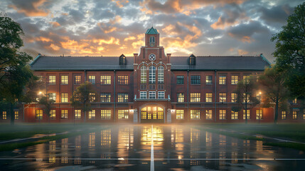 Obraz premium Photo realistic High School Reunion: Nostalgic Reunion with School Building Symbolism for Educational Lifestyle Ads