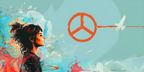 Creative banner, vector  illustration. A girl, a dove and a peace sign on an abstract background. September 21 is the International Day of Peace - Powered by Adobe