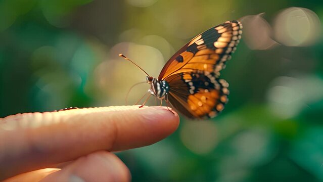 A hand holding a butterfly. The butterfly is orange and black. Concept of wonder and appreciation for nature.