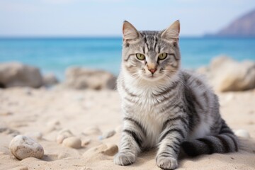 Obraz premium Portrait of a cute american bobtail cat while standing against sandy beach background