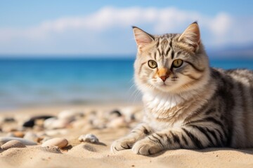 Obraz premium Portrait of a cute american bobtail cat while standing against sandy beach background