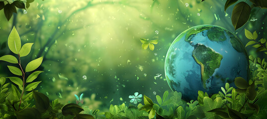 World Environment Day, June 5. 3d concept background. Ecology concept. Design with a globe surrounded by plants on a green background with copy space.