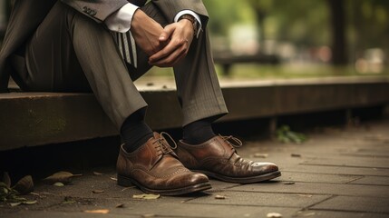 a businessman sitting on a park bench, looking down at his worn-out shoes
