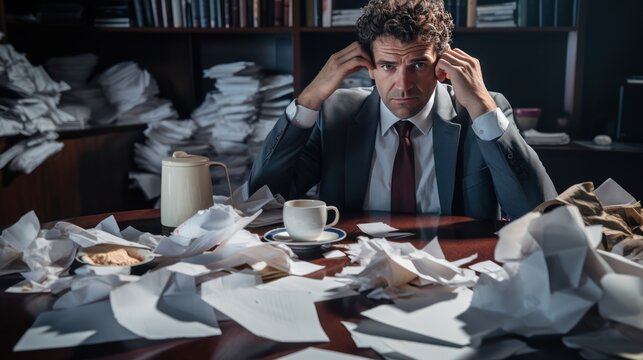 a businessman sitting dejectedly at his desk, 