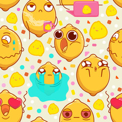 Fototapeta premium Seamless pattern with emotional lemons. Comic elements in cartoon style. Citrus characters with funny faces in kawaii style. Flat design. All elements are isolated. Perfect for printing