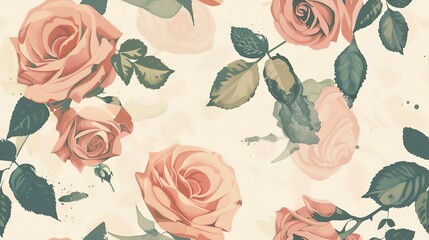 Vintage roses flat design top view romantic theme water color Triadic Color Scheme . Seamless Pattern, Fabric Pattern.