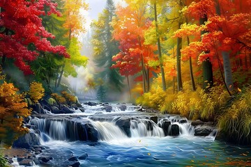 The serene flow of a river through a colorful forest