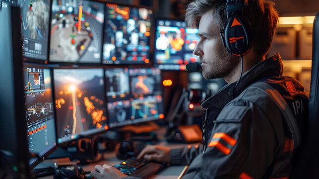 A firefighter is seated at a desk with numerous monitors, actively monitoring emergency situations and dispatch calls.
