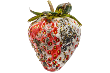 Close-up of a spoiled strawberry with mold and rot isolated on a white background, highlighting food waste and decay.
