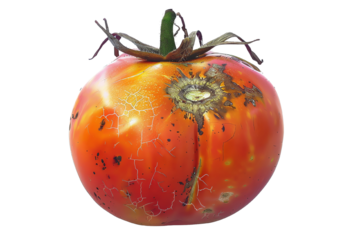 Close-up of an overripe, decayed tomato showing surface imperfections and discoloration
