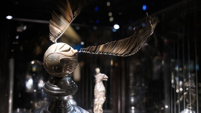 Tokyo - May 15 2024: a movie props of Golden Snitch in movie. Warner Bros. Studio make a new tour about the movie of Harry Potter " The Making of Harry Potter" is an exhibition for this movie. 