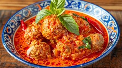 Fototapeta premium Spicy Meatballs in Tomato Sauce with Fresh Basil in Traditional Blue and White Bowl