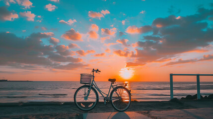 bike on the beach at sunset
