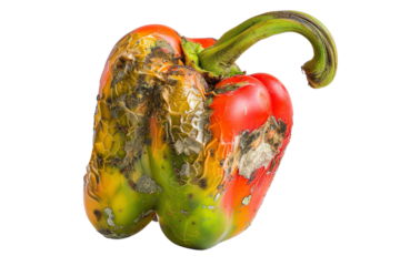 A rotten bell pepper with mold and decay spots, food waste and decomposition. 
