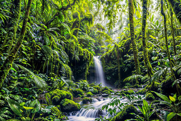 Fototapeta premium Waterfall in the green forest : AI Generative, not upscale