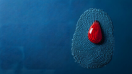 A fingerprint with a drop of blood on it on a blue isolated background with copy space. June 14 is World Blood Donor Day
