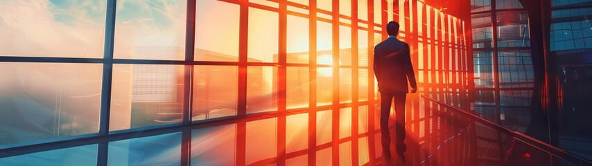 businessman in office space at sunset, for banner business background