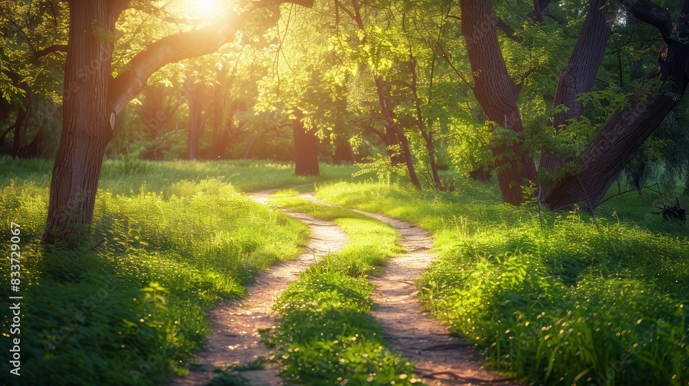 Poster A path in a forest with trees and grass