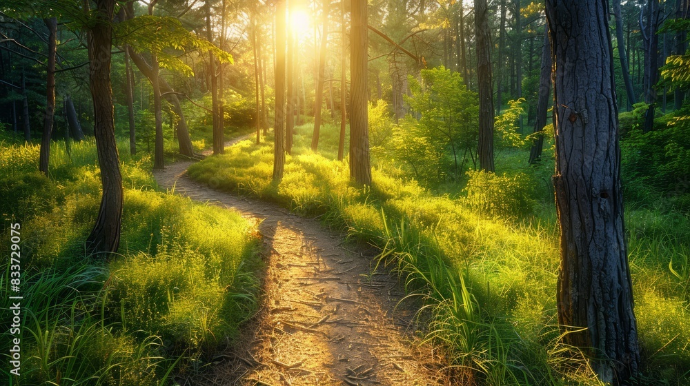Poster a path through a forest with trees and grass