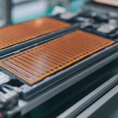 Mass production assembly line of electric vehicle battery cells close-up view