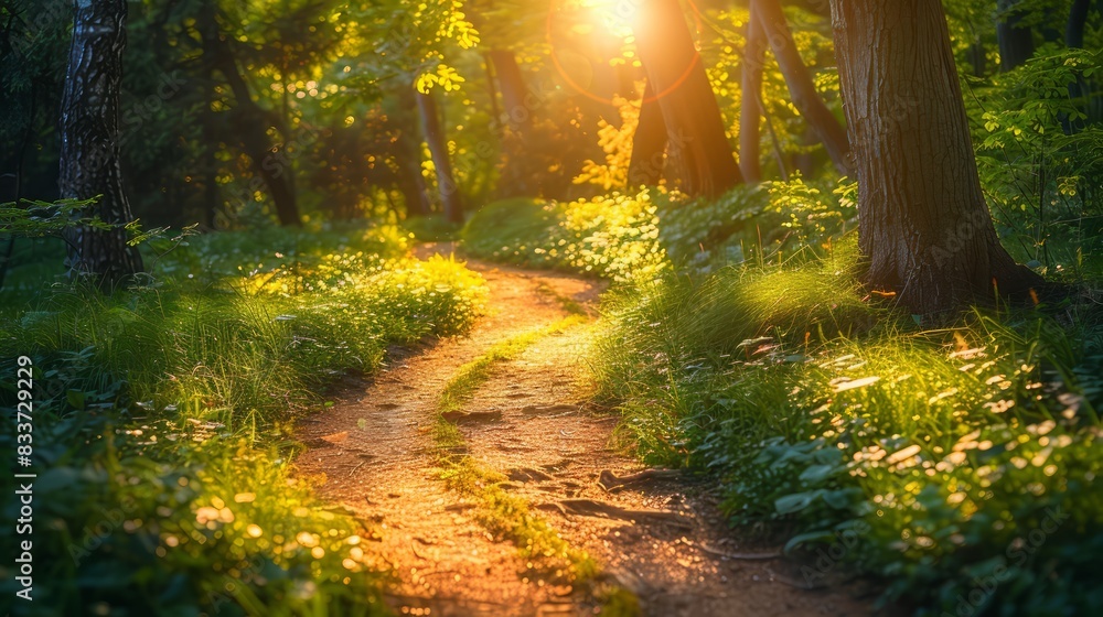 Aufkleber A path through a forest with sunlight shining through the trees