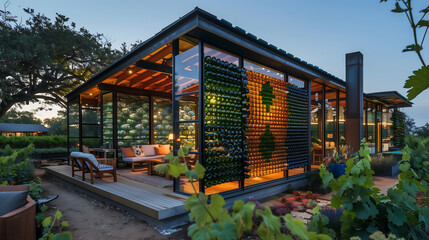 Maison écologique construite à partir de matériaux recyclés et de bouteilles